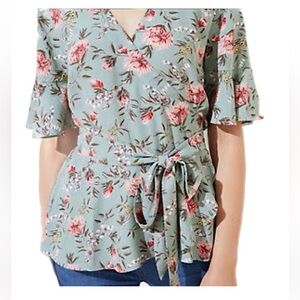 LOFT Floral Tie-Waist Blouse - Mint and Rose